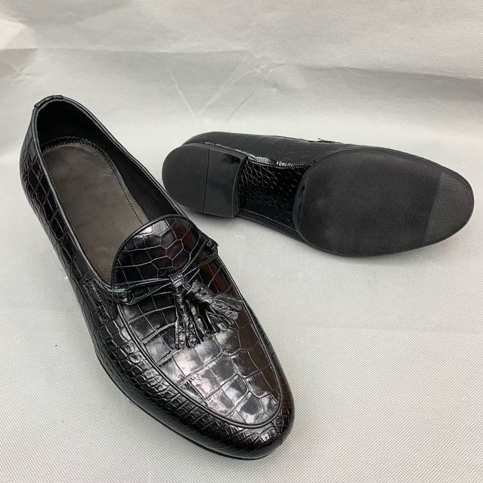 Handmade Black Alligator Leather Tassel Loafers for Men – Luxury Exotic Slip-On Shoes
