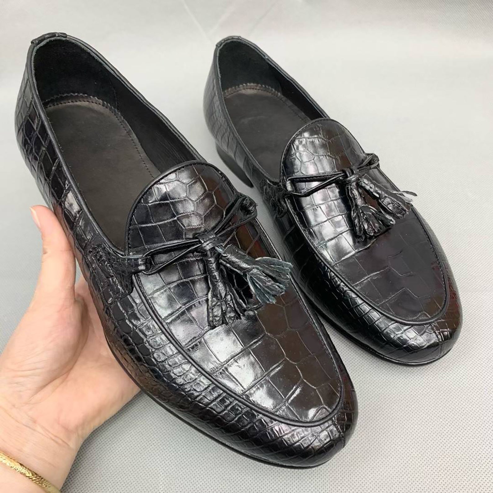 Handmade Black Alligator Leather Tassel Loafers for Men – Luxury Exotic Slip-On Shoes