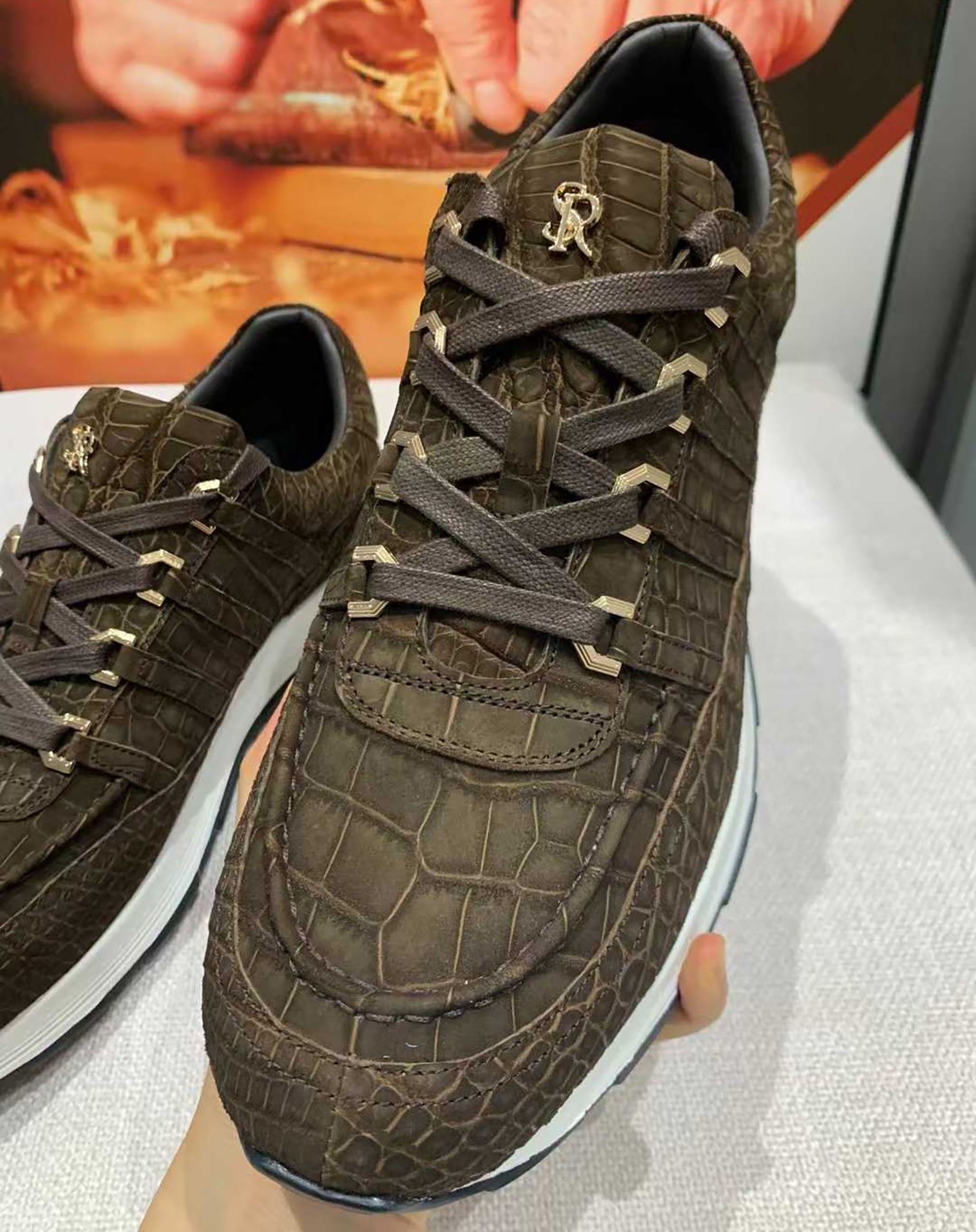 Handmade Dark Brown Alligator Nubuck Sneakers for Men – Luxury Exotic Leather Trainers with Rubber Sole