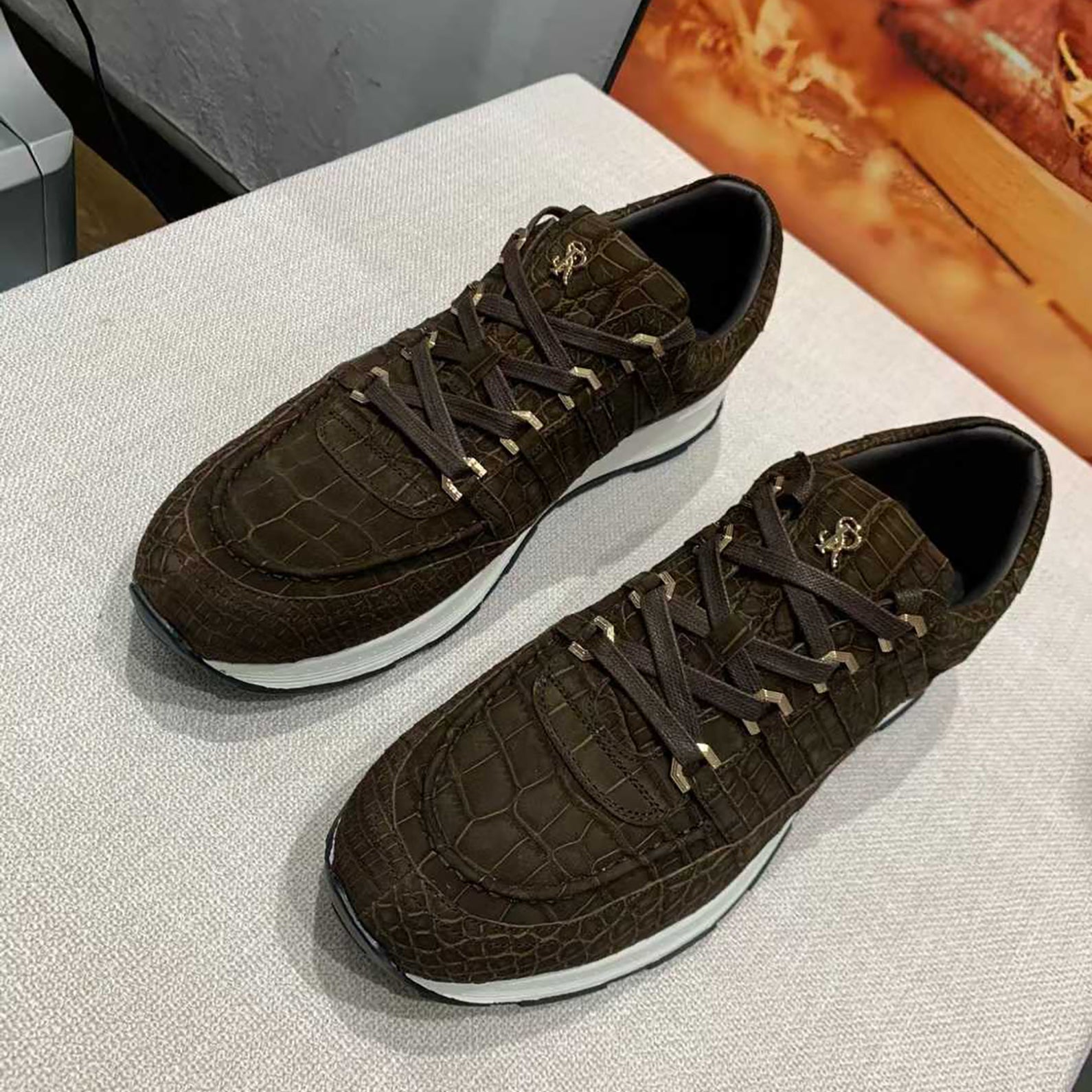 Handmade Dark Brown Alligator Nubuck Sneakers for Men – Luxury Exotic Leather Trainers with Rubber Sole