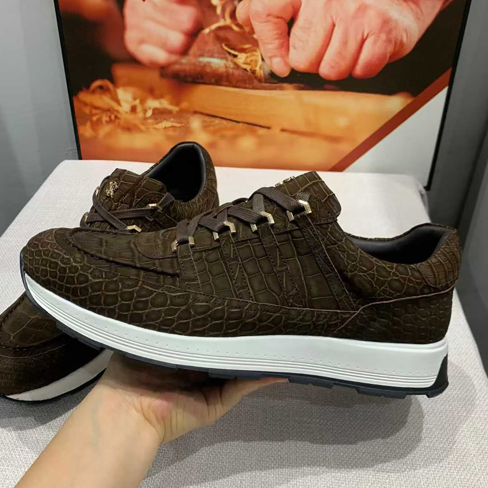Handmade Dark Brown Alligator Nubuck Sneakers for Men – Luxury Exotic Leather Trainers with Rubber Sole