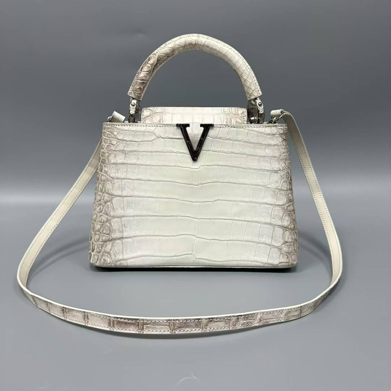 Himalayan White Alligator Leather Handbag – Women’s Luxury Bag with Cowhide Lining (27cm)