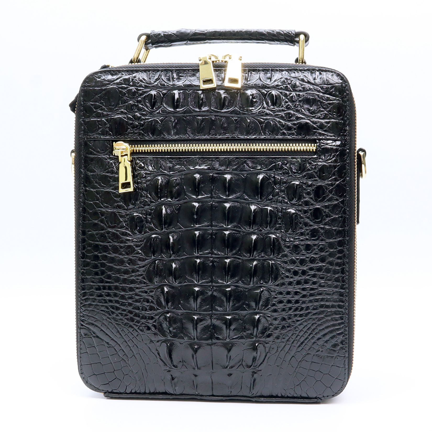 Genuine Black Crocodile Skin Mens Belly Shoulder Messenger Crossbody Bag Handbag