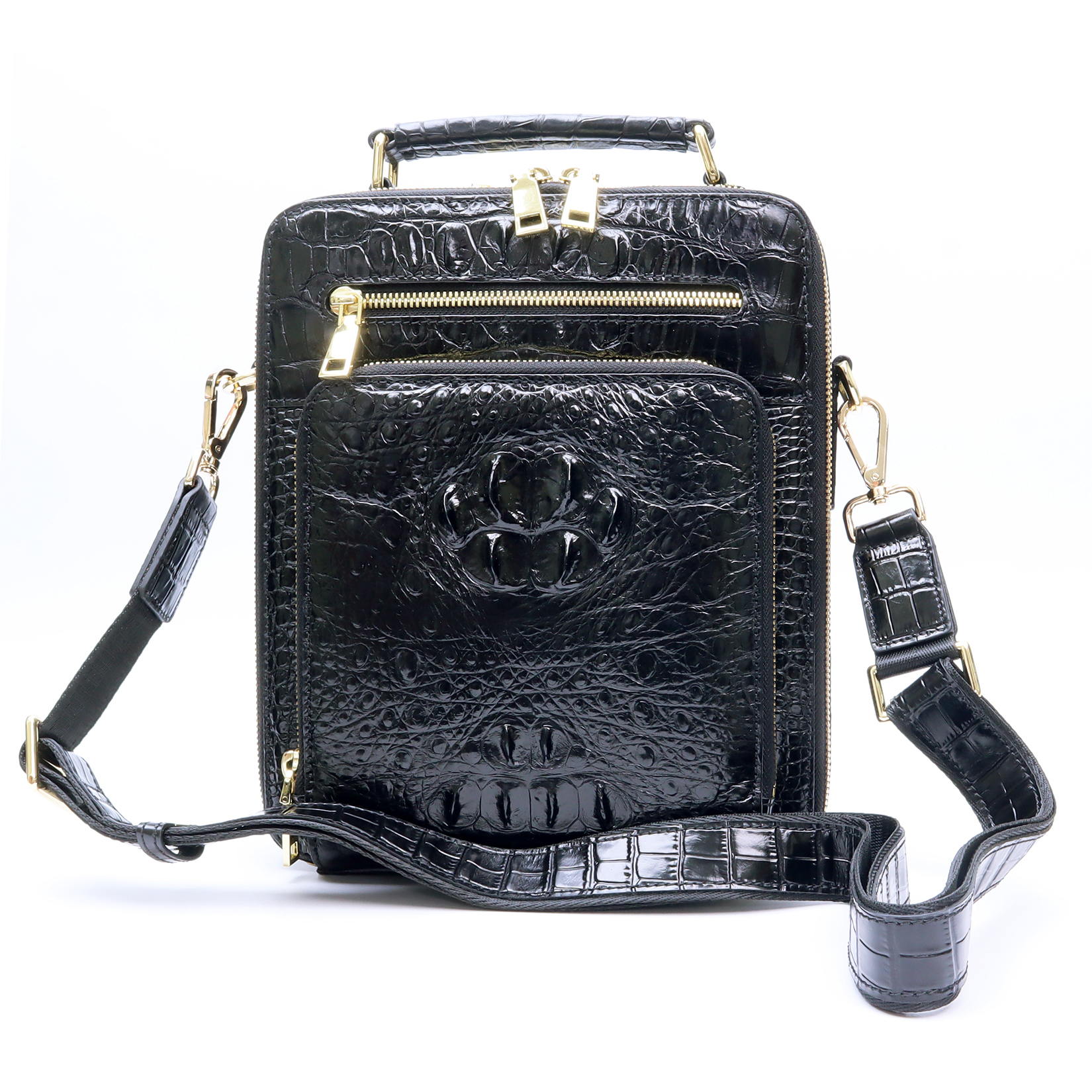 Genuine Black Crocodile Skin Mens Belly Shoulder Messenger Crossbody Bag Handbag