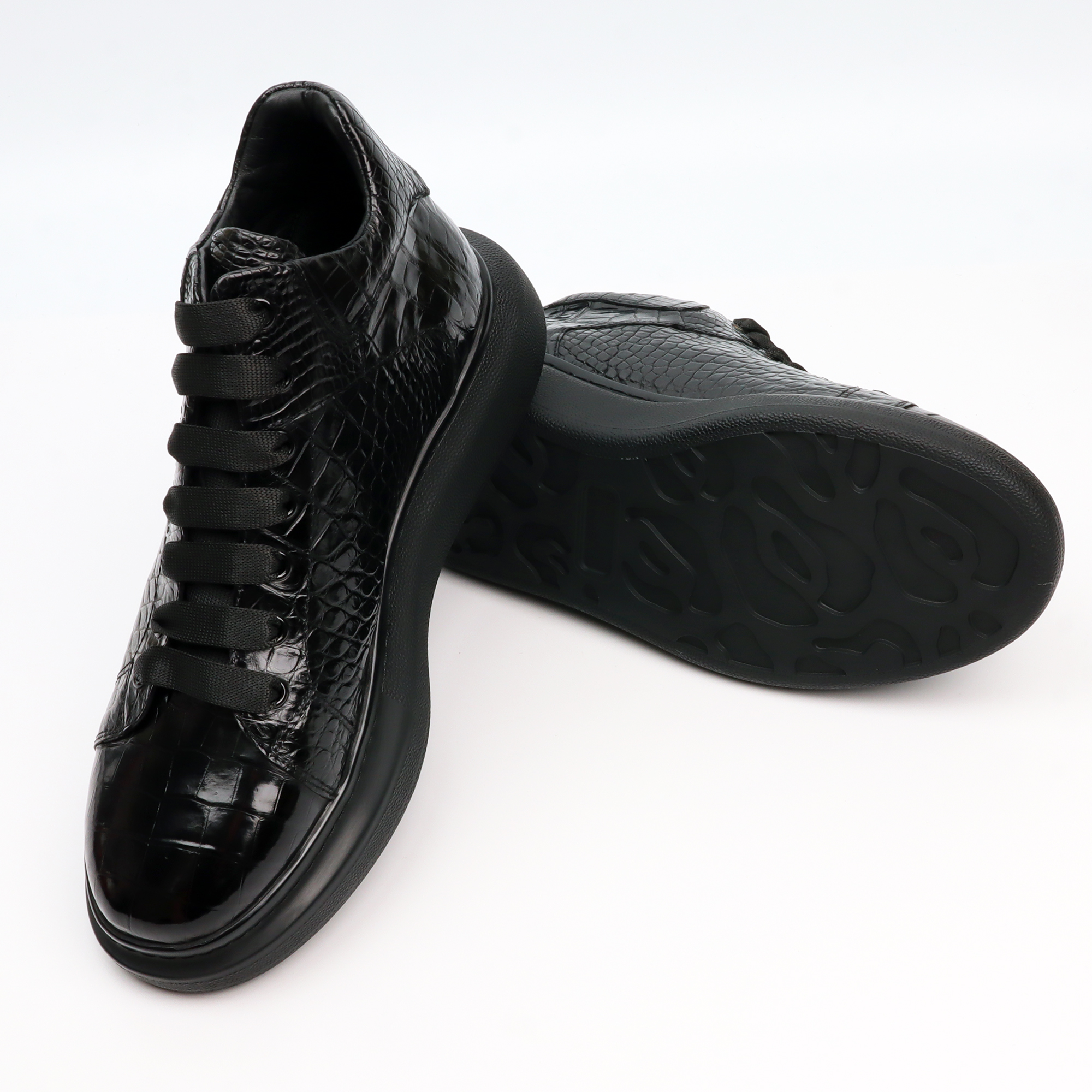 Men's Genuine Crocodile Leather Sneakers Boots Black Shoes Basic