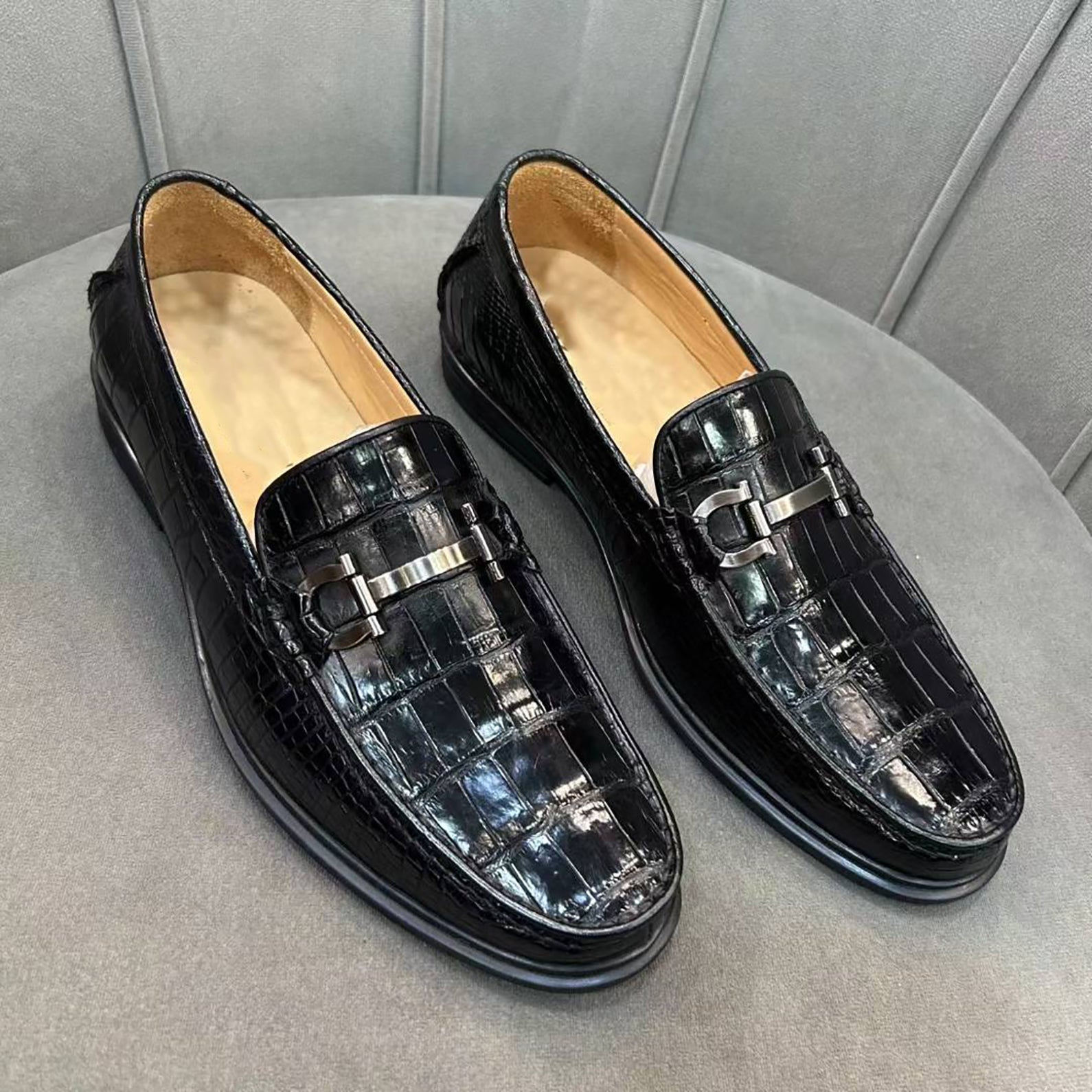 Men’s Alligator Leather Slip-On Shoes with Rubber Sole – Exotic Bit Loafers