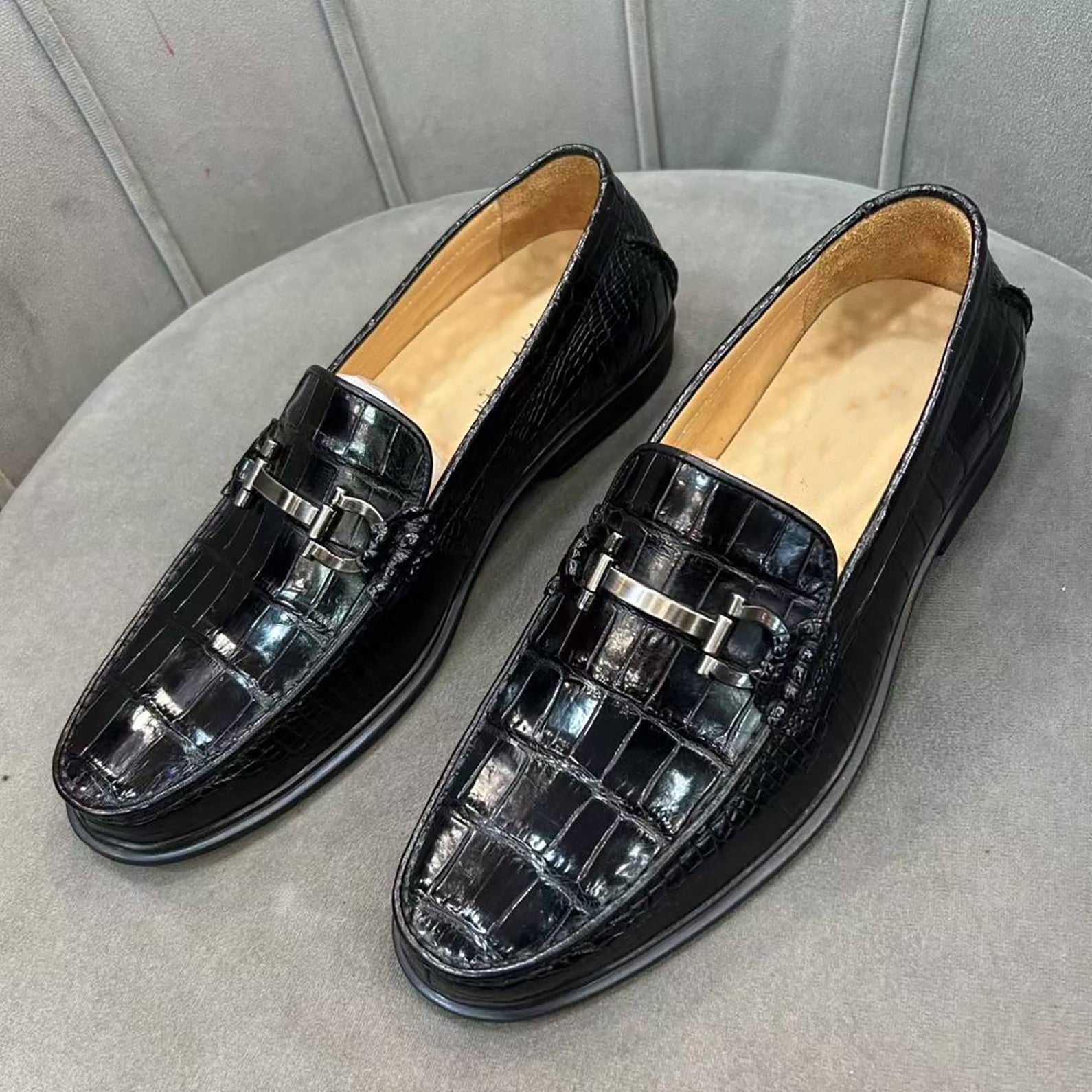 Men’s Alligator Leather Slip-On Shoes with Rubber Sole – Exotic Bit Loafers