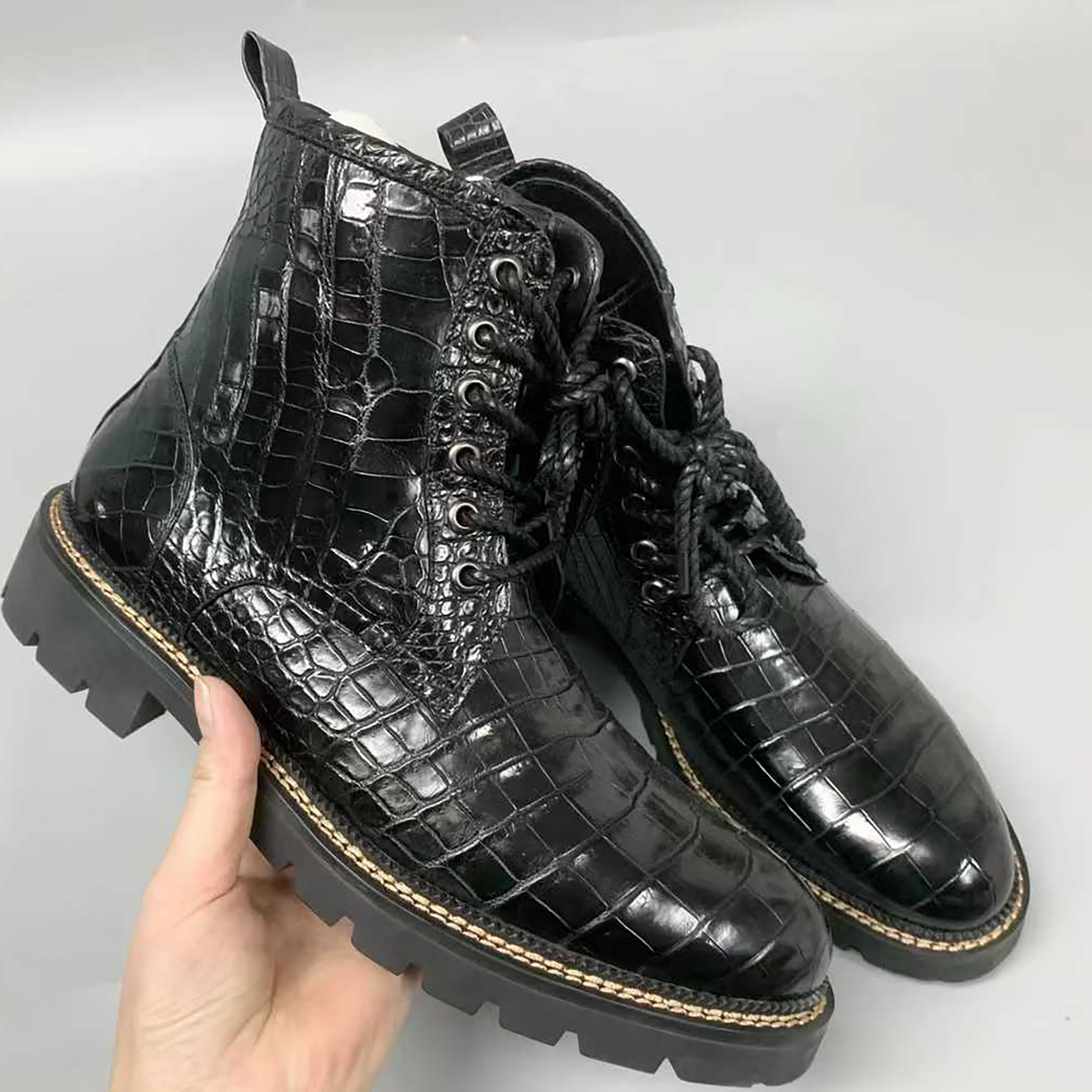 Men’s Handmade Alligator Leather Combat Boots – Black, Dark Brown Lace-Up Design