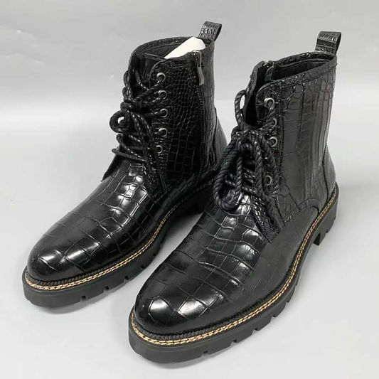 Men’s Handmade Alligator Leather Combat Boots – Black, Dark Brown Lace-Up Design