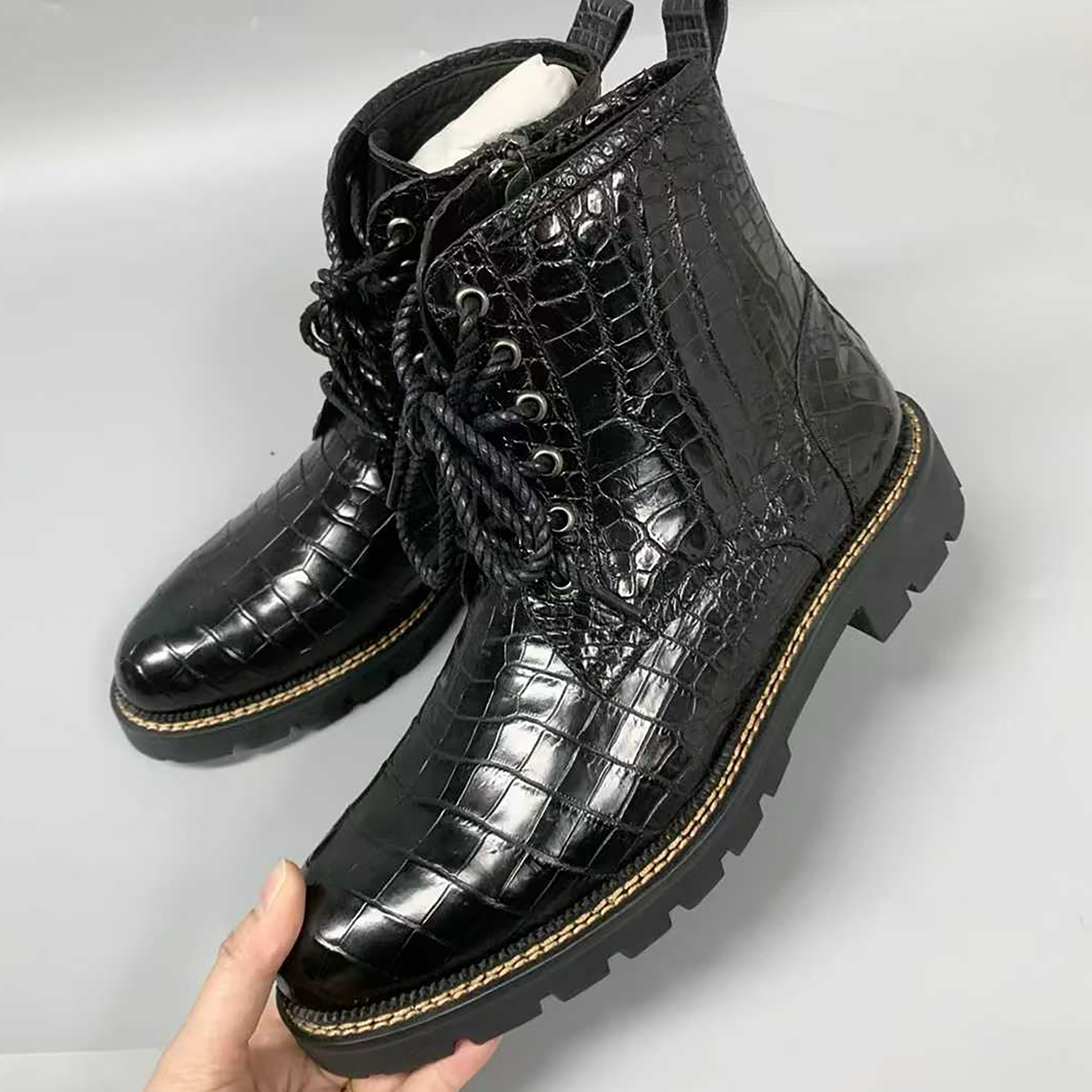 Men’s Handmade Alligator Leather Combat Boots – Black, Dark Brown Lace-Up Design