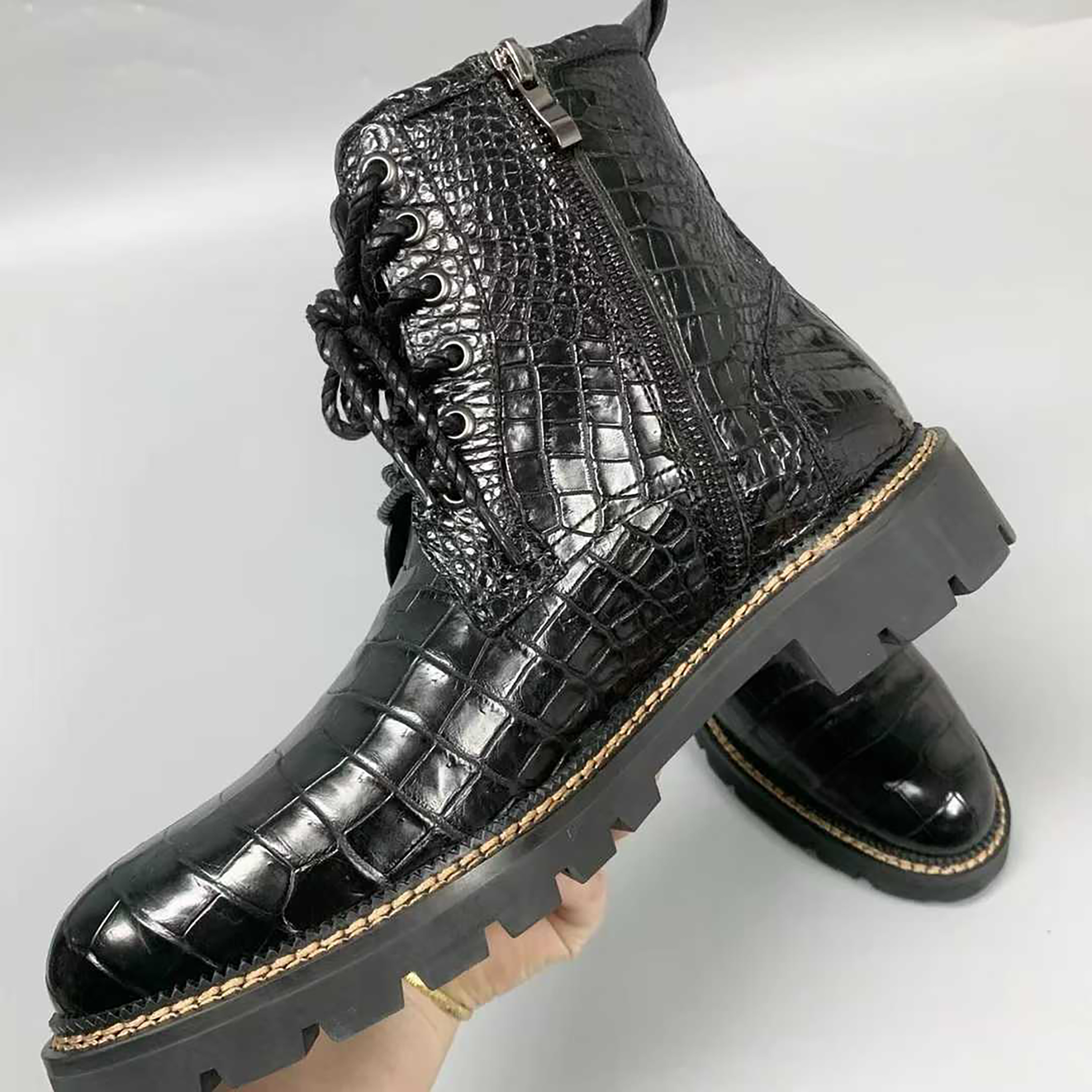 Men’s Handmade Alligator Leather Combat Boots – Black, Dark Brown Lace-Up Design