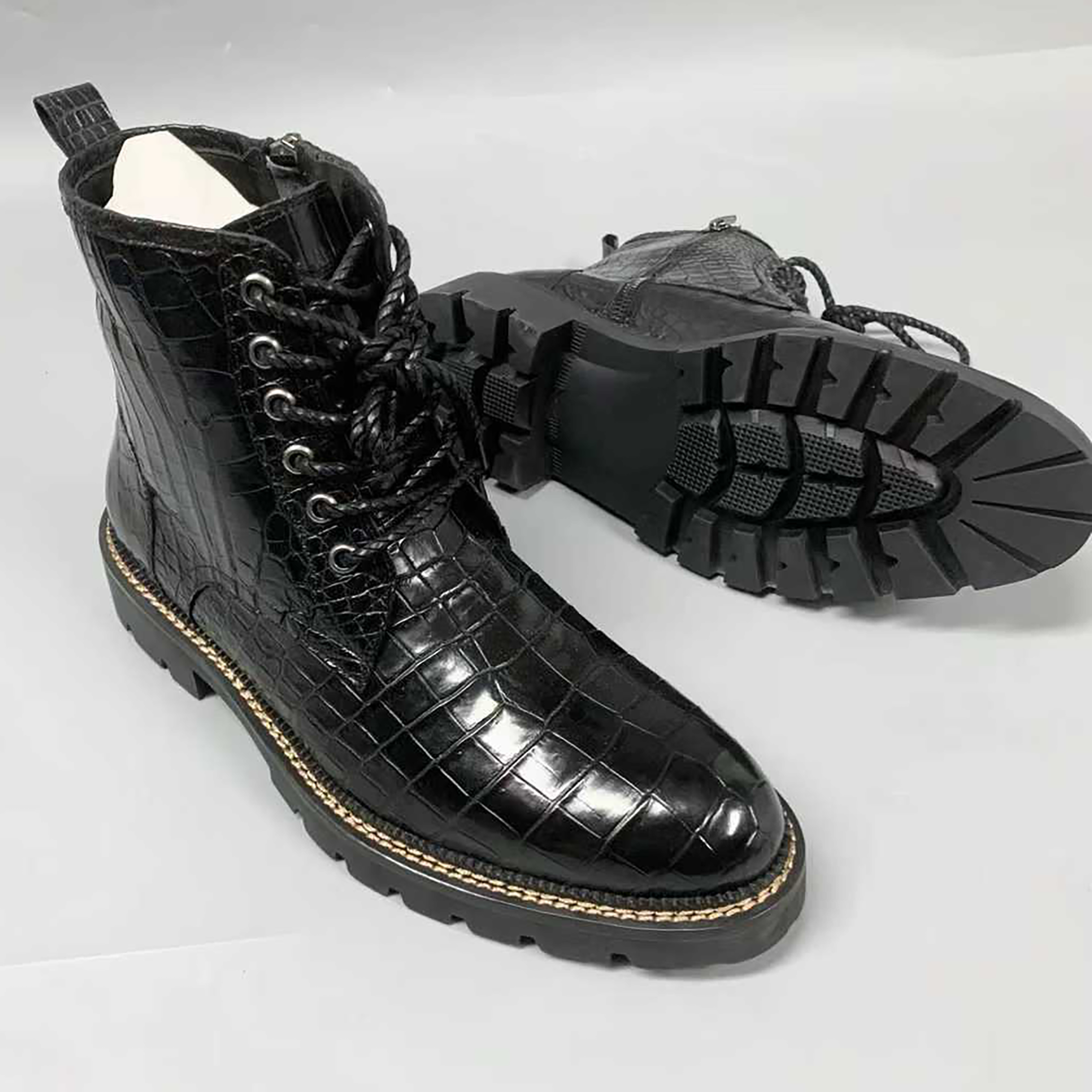 Men’s Handmade Alligator Leather Combat Boots – Black, Dark Brown Lace-Up Design