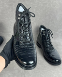 Men’s Handmade Alligator Leather Combat Boots – Black & Dark Brown Lace-Up Design
