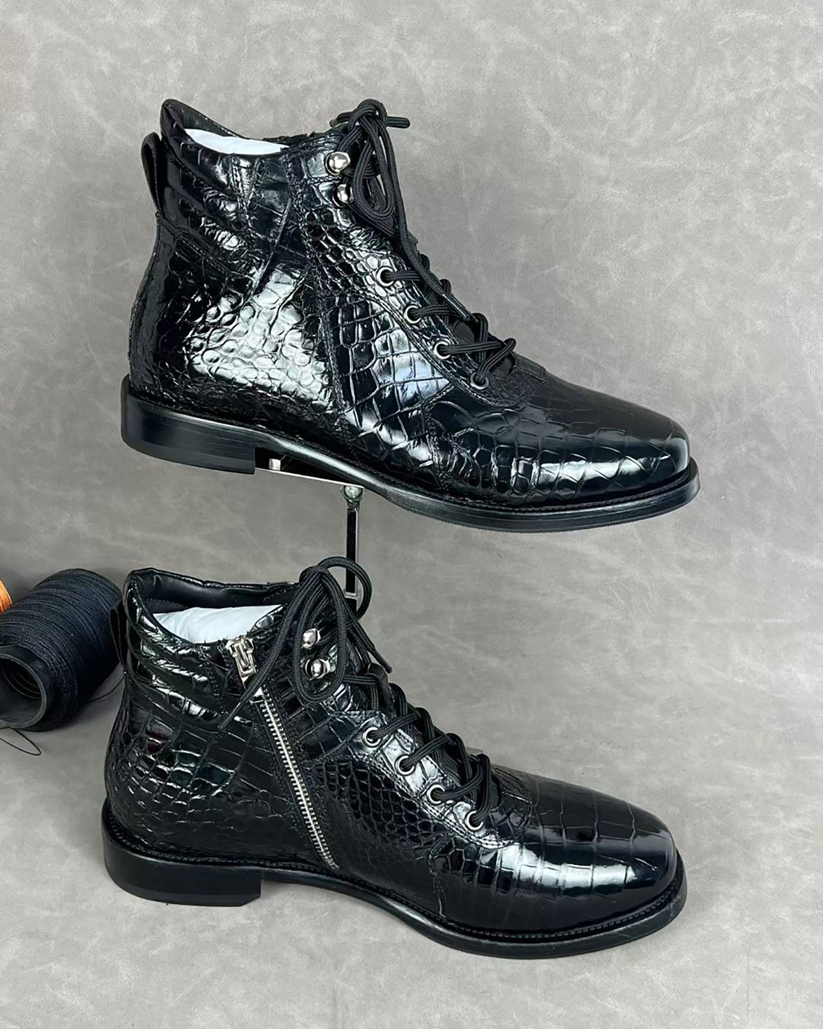 Men’s Handmade Alligator Leather Combat Boots – Black & Dark Brown Lace-Up Design