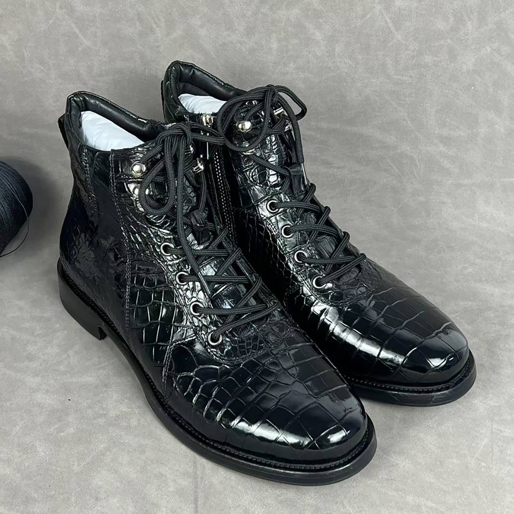Men’s Handmade Alligator Leather Combat Boots – Black & Dark Brown Lace-Up Design