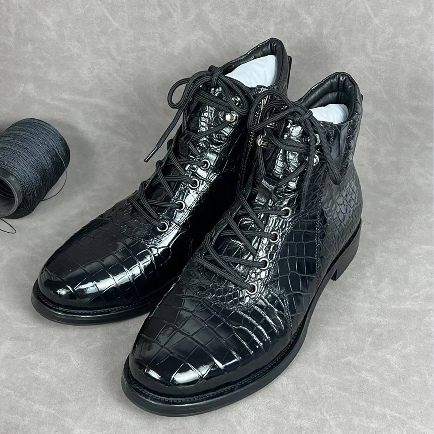 Men’s Handmade Alligator Leather Combat Boots – Black & Dark Brown Lace-Up Design