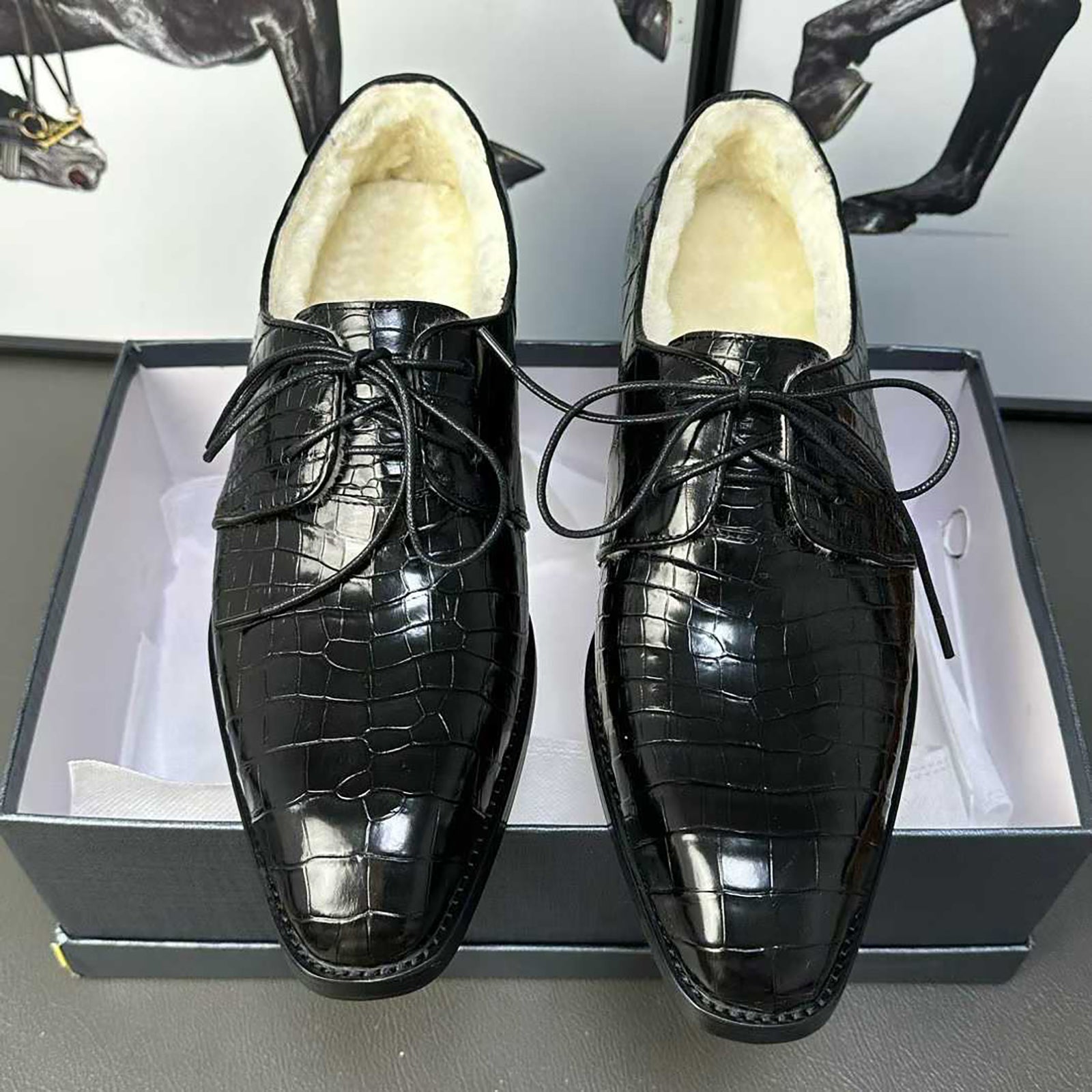 Men’s Handmade Alligator Leather Formal Shoes | Black & Dark Brown Modern Derby Shoes with Fur Lining & Leather Sole with Rubber Insert