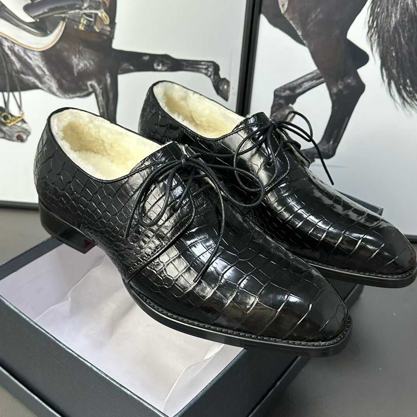 Men’s Handmade Alligator Leather Formal Shoes | Black & Dark Brown Modern Derby Shoes with Fur Lining & Leather Sole with Rubber Insert