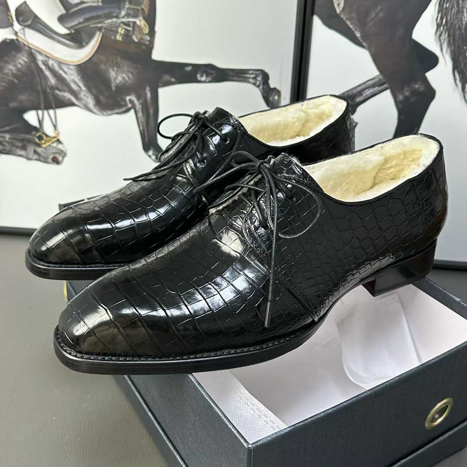 Men’s Handmade Alligator Leather Formal Shoes | Black & Dark Brown Modern Derby Shoes with Fur Lining & Leather Sole with Rubber Insert