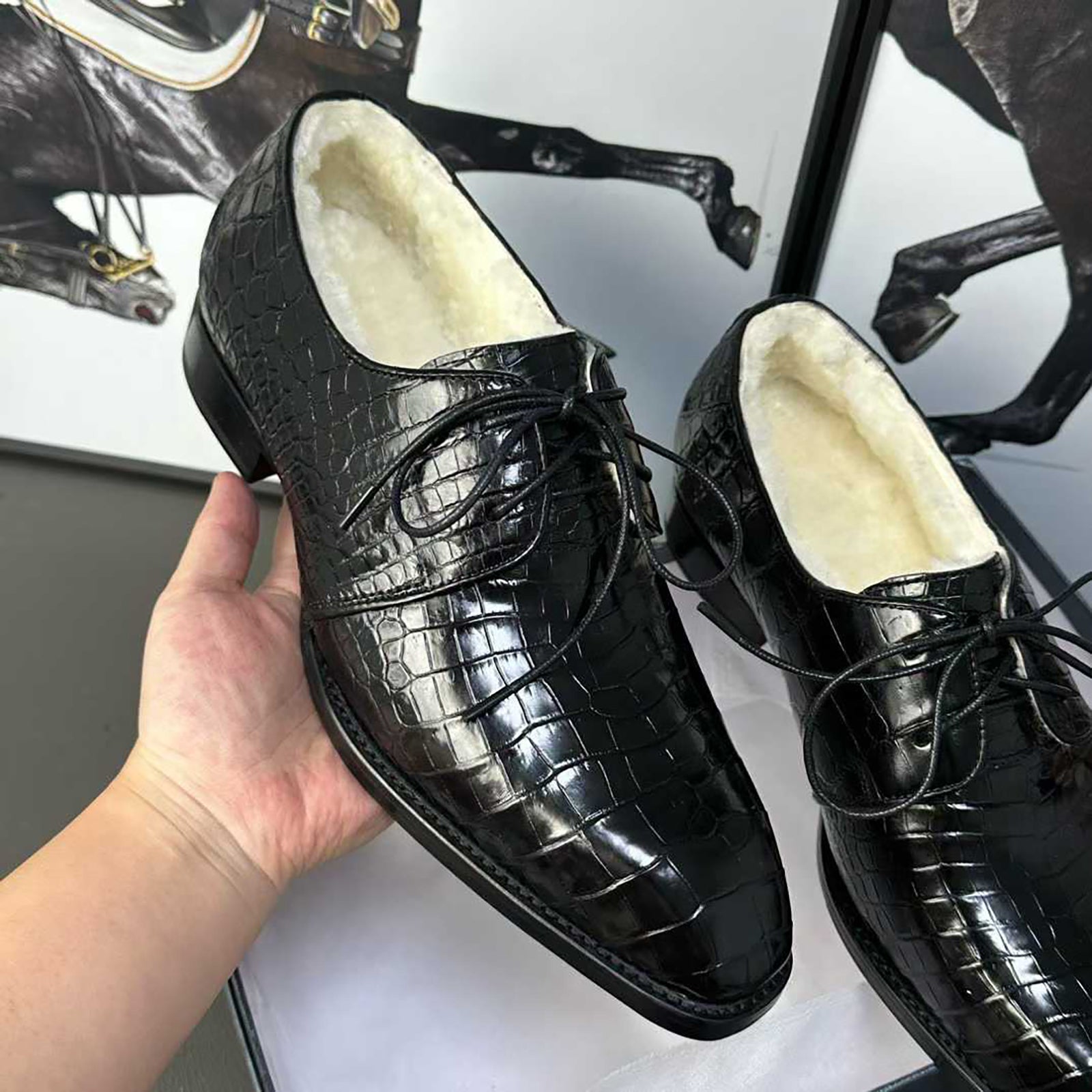 Men’s Handmade Alligator Leather Formal Shoes | Black & Dark Brown Modern Derby Shoes with Fur Lining & Leather Sole with Rubber Insert