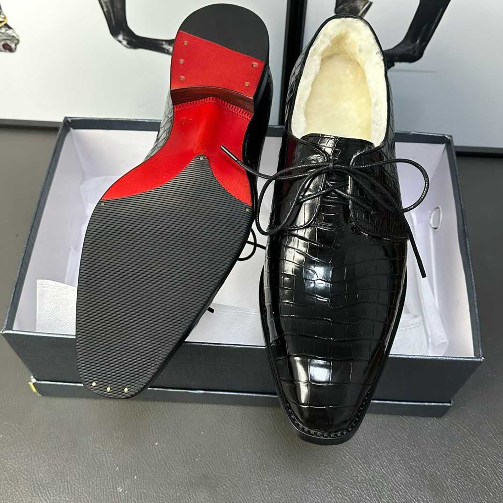 Men’s Handmade Alligator Leather Formal Shoes | Black & Dark Brown Modern Derby Shoes with Fur Lining & Leather Sole with Rubber Insert