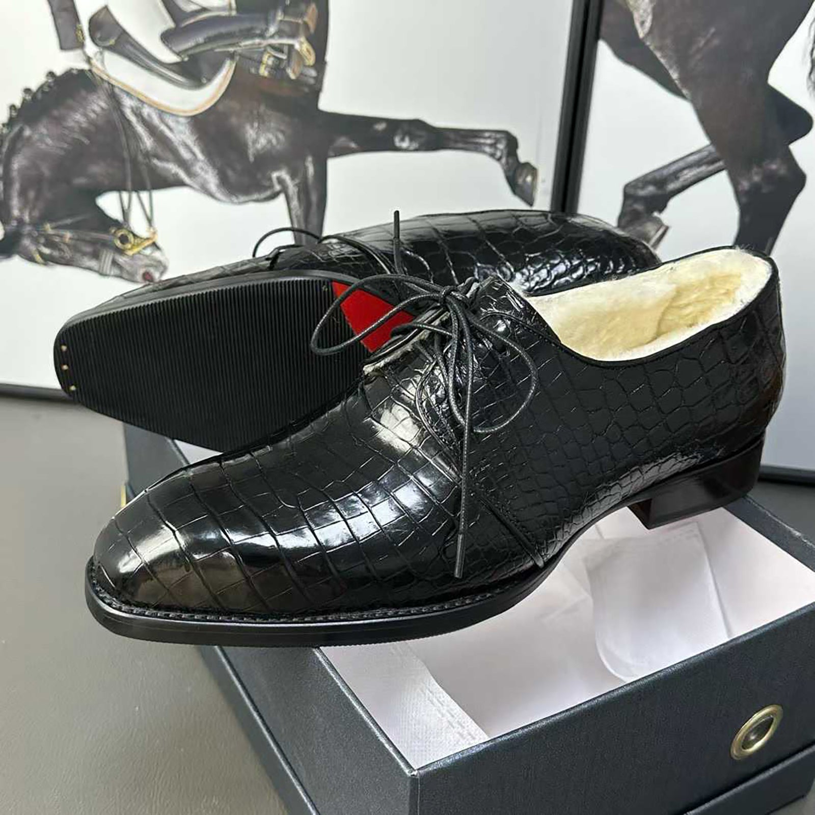 Men’s Handmade Alligator Leather Formal Shoes | Black & Dark Brown Modern Derby Shoes with Fur Lining & Leather Sole with Rubber Insert
