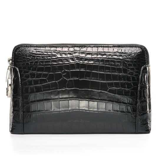 Men’s Handmade Black & Dark Brown Alligator Leather Clutch Bag | Genuine Alligator Skin Organizer with Dual Zipper