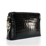 Men’s Handmade Black & Dark Brown Alligator Leather Clutch Bag | Genuine Alligator Skin Organizer with Dual Zipper