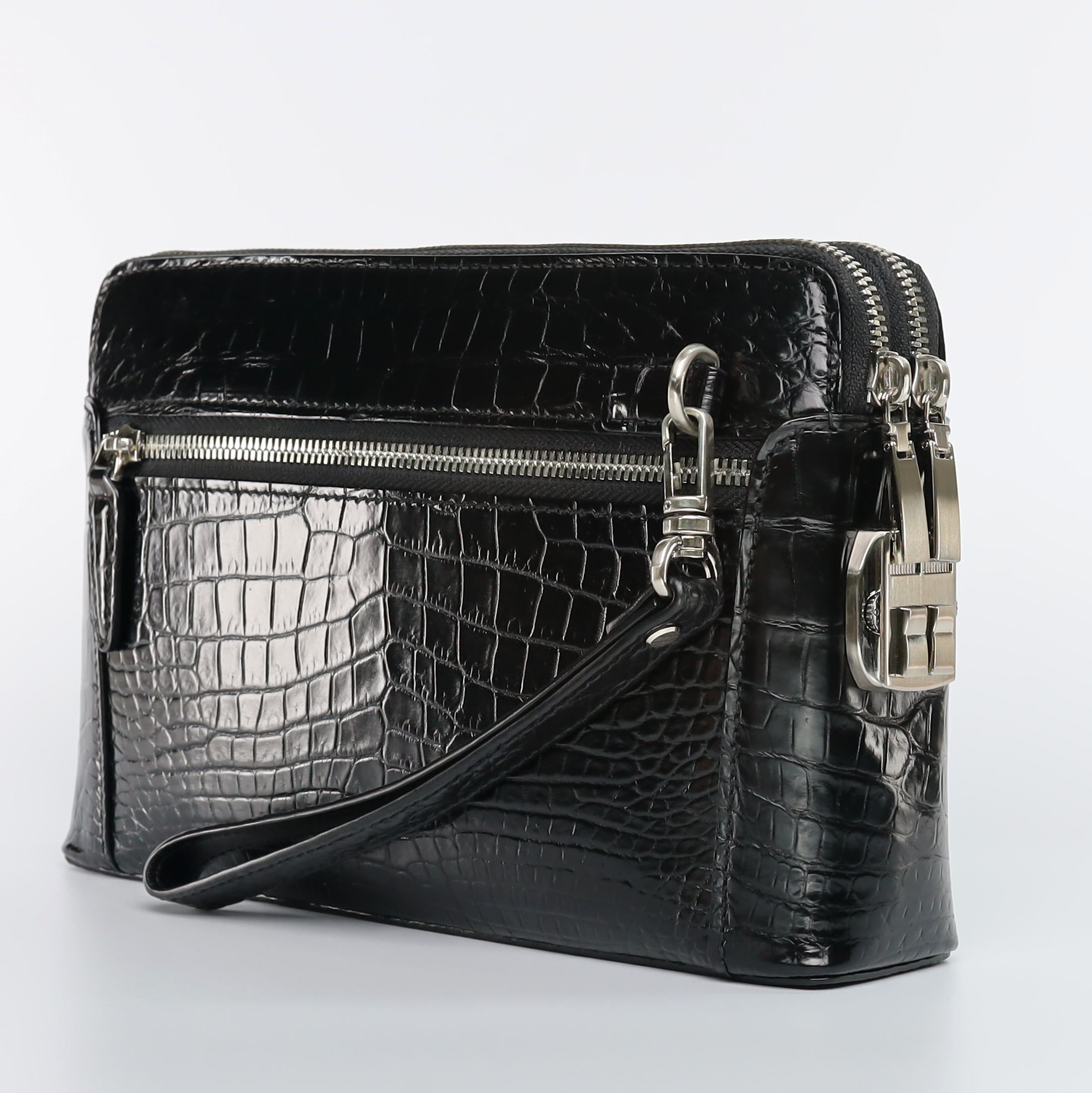 Men’s Handmade Black & Dark Brown Alligator Leather Clutch Bag | Genuine Alligator Skin Organizer with Dual Zipper