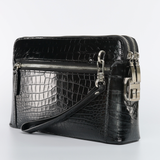 Men’s Handmade Black & Dark Brown Alligator Leather Clutch Bag | Genuine Alligator Skin Organizer with Dual Zipper