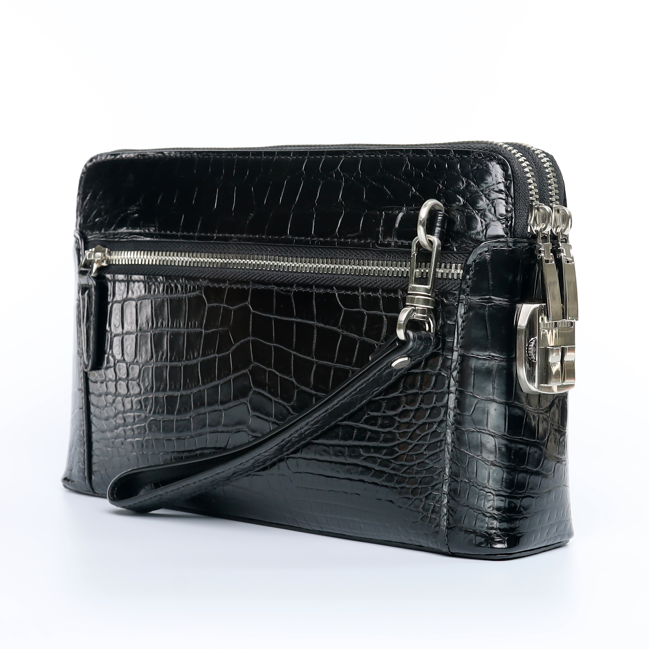 Men’s Handmade Black & Dark Brown Alligator Leather Clutch Bag | Genuine Alligator Skin Organizer with Dual Zipper