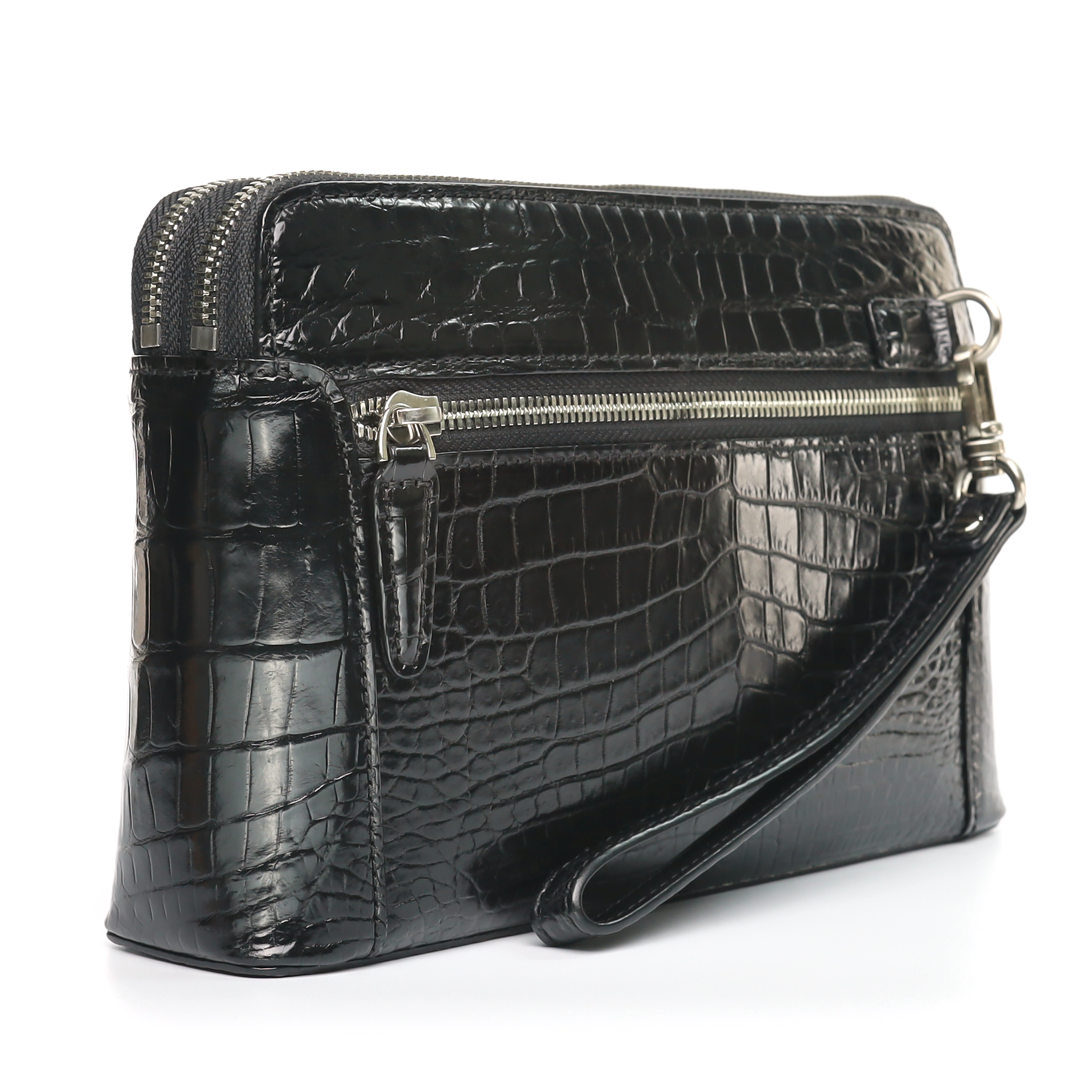 Men’s Handmade Black & Dark Brown Alligator Leather Clutch Bag | Genuine Alligator Skin Organizer with Dual Zipper