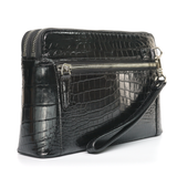 Men’s Handmade Black & Dark Brown Alligator Leather Clutch Bag | Genuine Alligator Skin Organizer with Dual Zipper