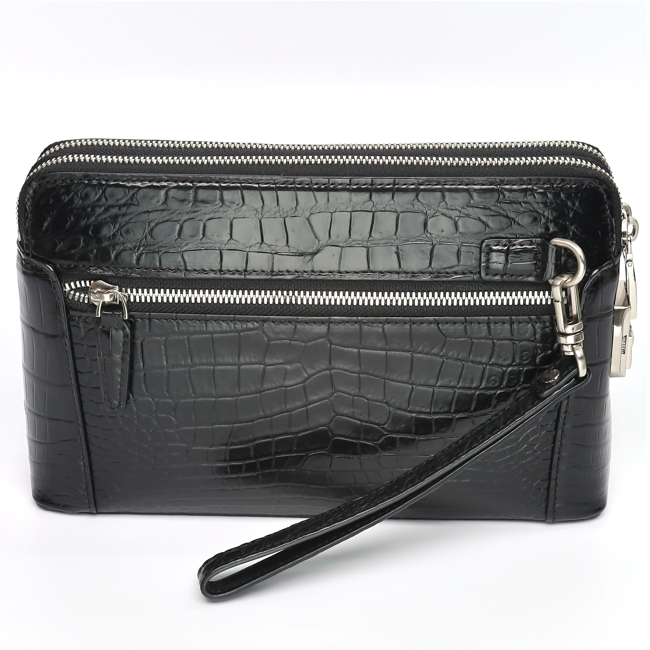 Men’s Handmade Black & Dark Brown Alligator Leather Clutch Bag | Genuine Alligator Skin Organizer with Dual Zipper