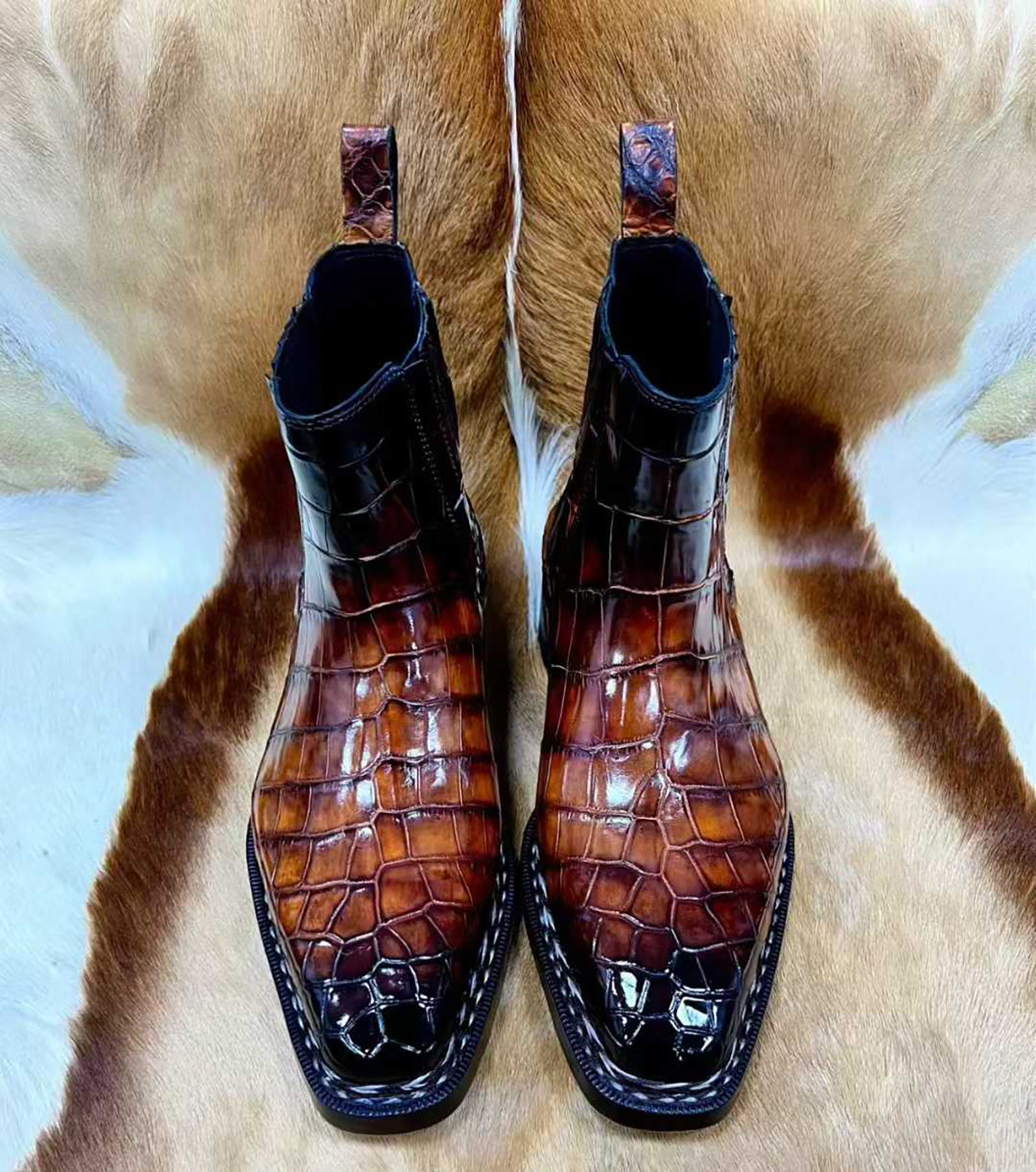 Men’s Handmade Patina Alligator Leather Boots | Brown Alligator Leather Shoes with Leather Sole – Elegant Classic Design