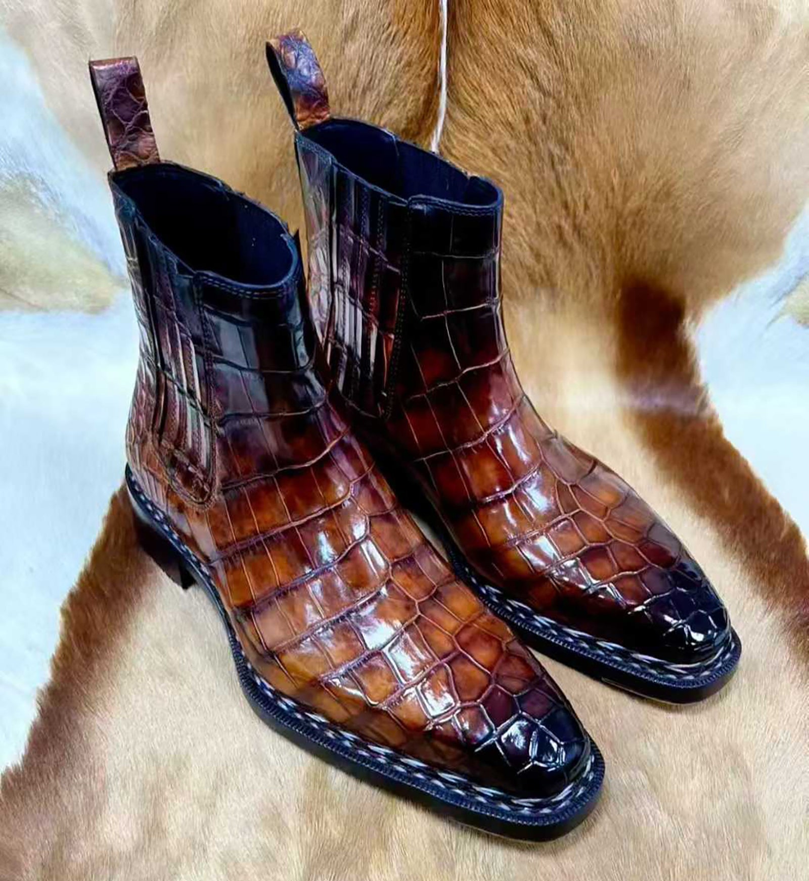 Men’s Handmade Patina Alligator Leather Boots | Brown Alligator Leather Shoes with Leather Sole – Elegant Classic Design