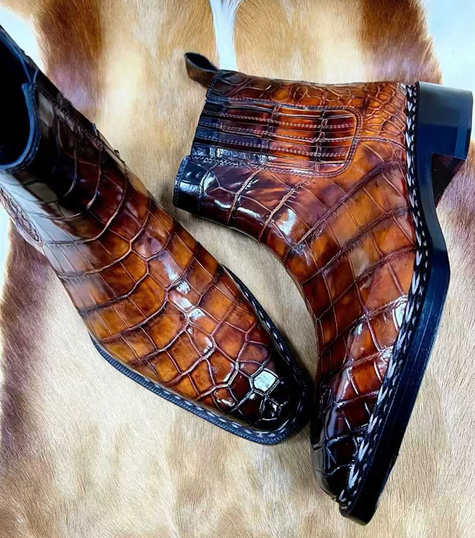 Men’s Handmade Patina Alligator Leather Boots | Brown Alligator Leather Shoes with Leather Sole – Elegant Classic Design