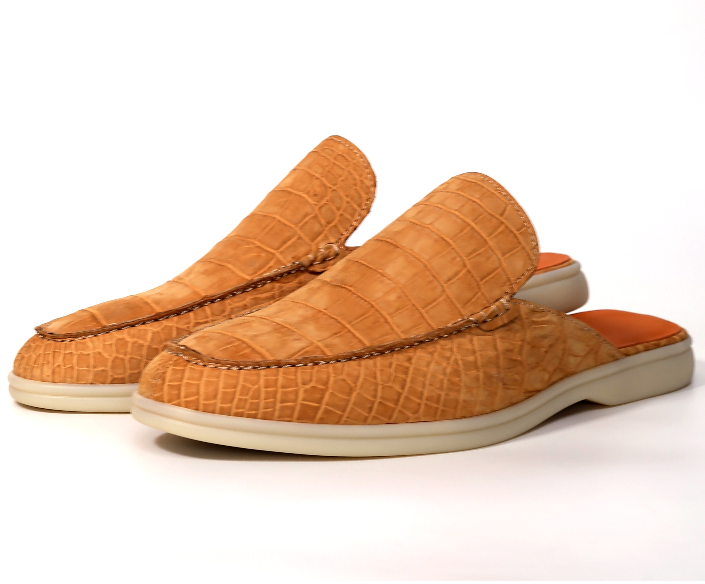 Natural Tan Nubuck Alligator Mules – Handmade Slip-On Loafers for Men
