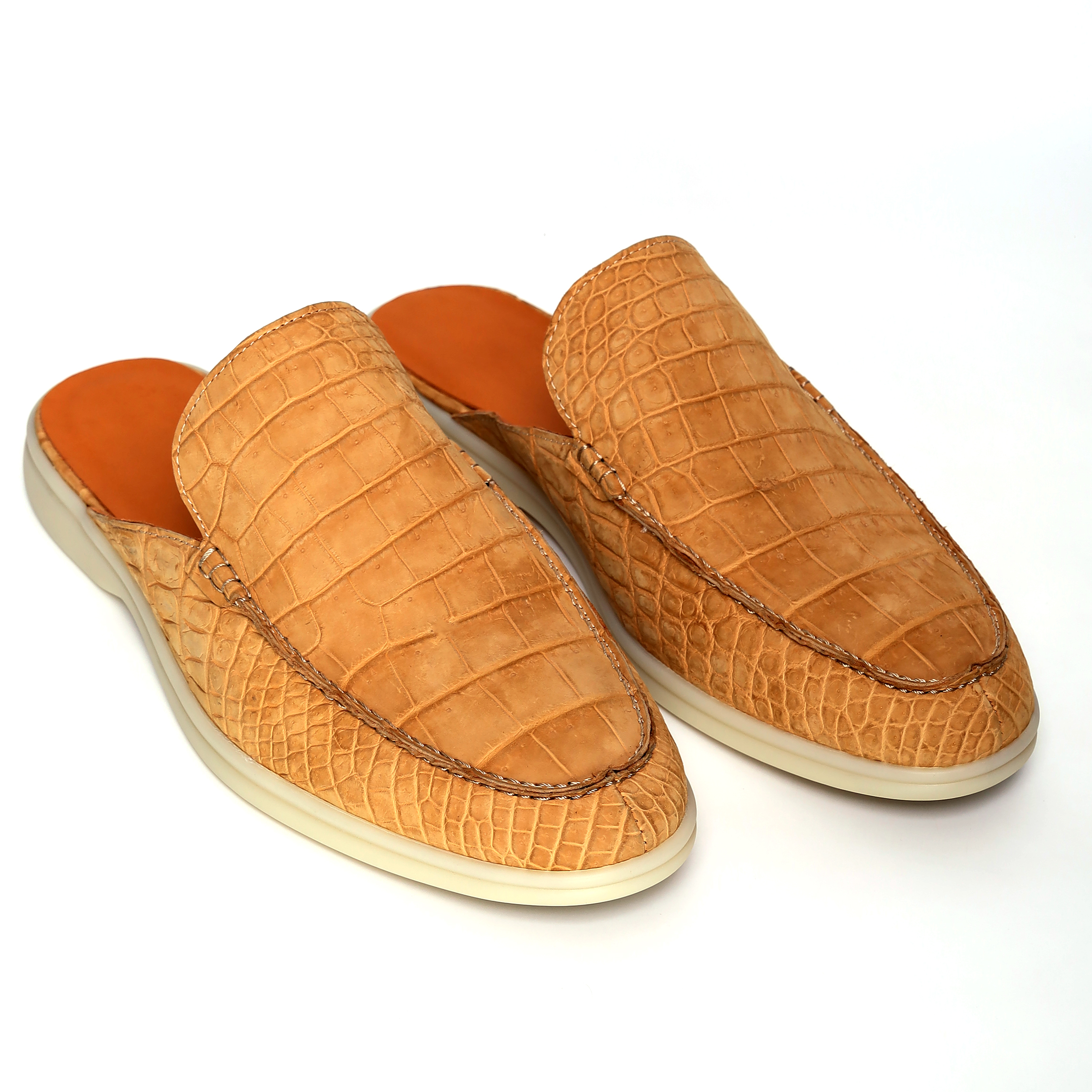 Natural Tan Nubuck Alligator Mules – Handmade Slip-On Loafers for Men