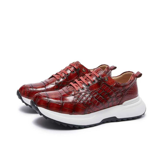 Red Alligator Leather Sneakers for Men – Handmade Exotic Sport Style with Bold Patina and Rubber Sole