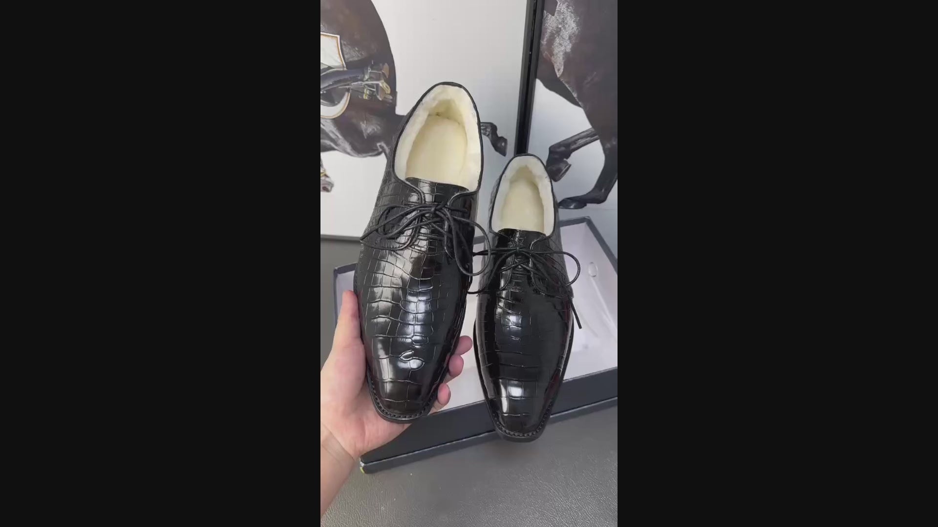 Men’s Handmade Alligator Leather Formal Shoes | Black & Dark Brown Modern Derby Shoes with Fur Lining & Leather Sole with Rubber Insert