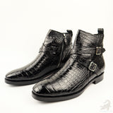 Men’s Handcrafted Alligator Crocodile Leather Buckle Ankle Boots Black