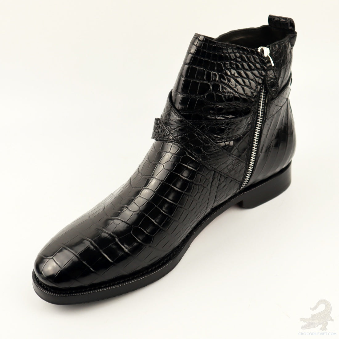 Men’s Handcrafted Alligator Crocodile Leather Buckle Ankle Boots Black