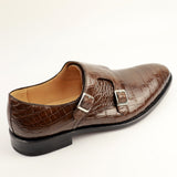 Crocodile Alligator Leather Double Monk Strap Dress Shoes Oxford Formal Business Shoes-Brown