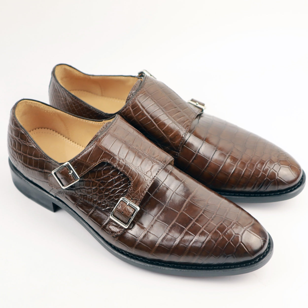 Crocodile Alligator Leather Double Monk Strap Dress Shoes Oxford Formal Business Shoes-Brown