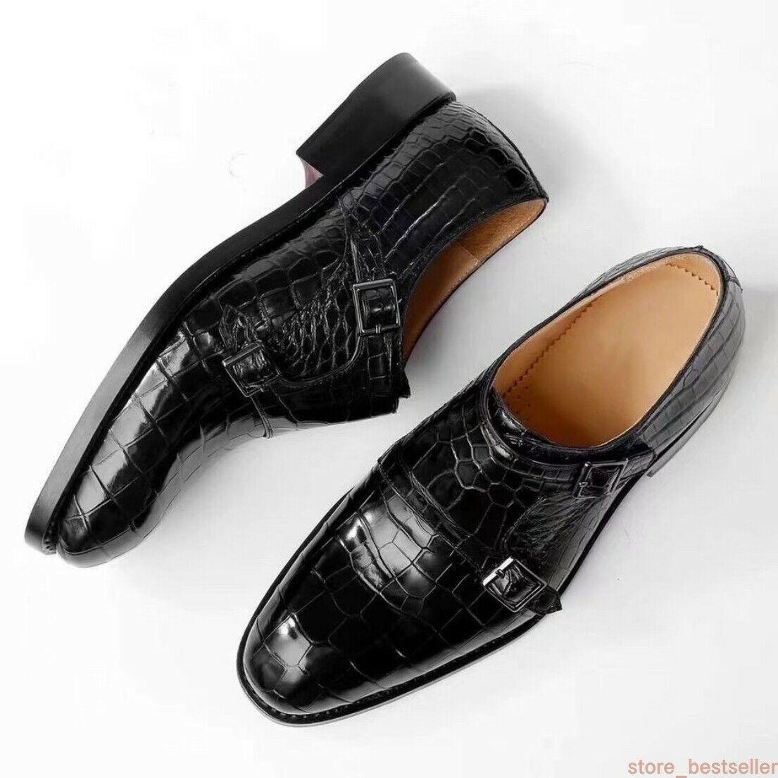 Crocodile Alligator Leather Double Monk Strap Dress Shoes Oxford Formal Business Shoes-Black