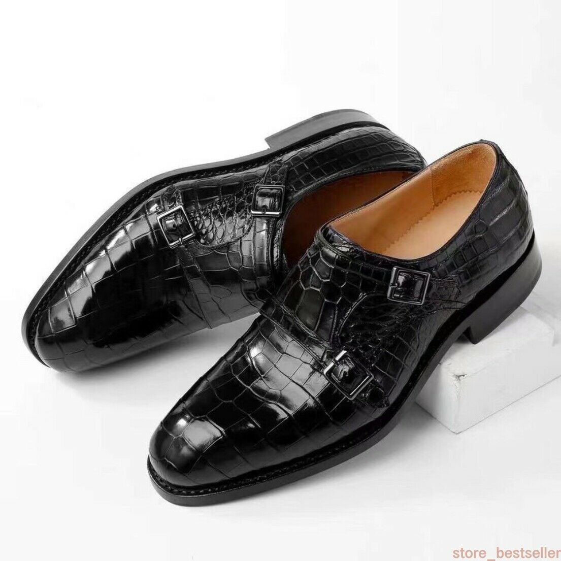 Crocodile Alligator Leather Double Monk Strap Dress Shoes Oxford Formal Business Shoes-Black