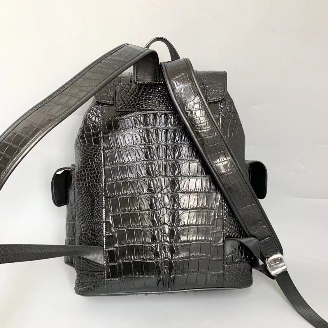 Handcrafted Crocodile Alligator Leather Backpack Shoulder Bag Travel Bag Black