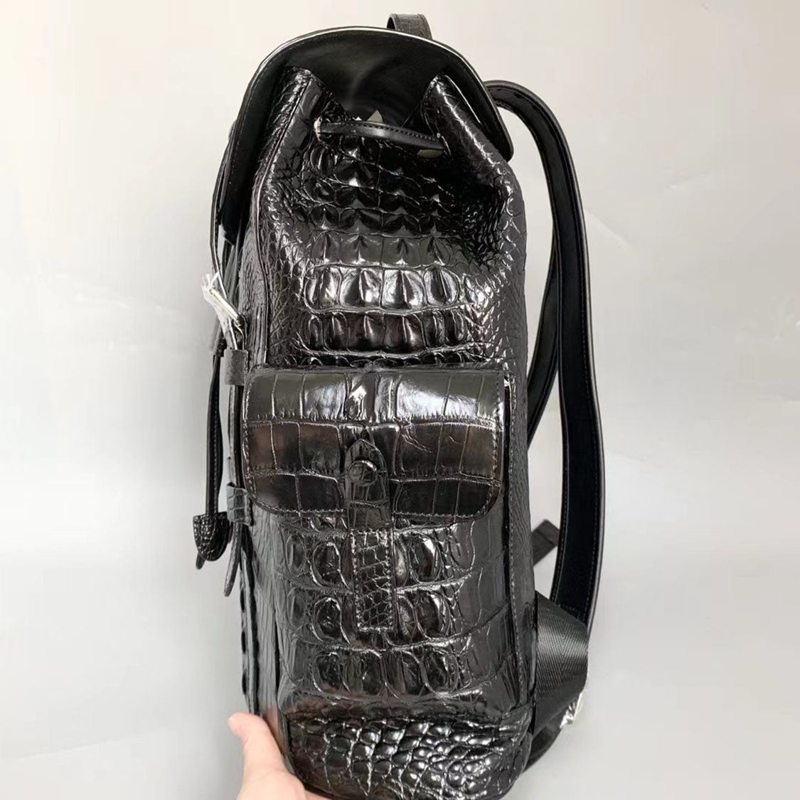 Handcrafted Crocodile Alligator Leather Backpack Shoulder Bag Travel Bag Black