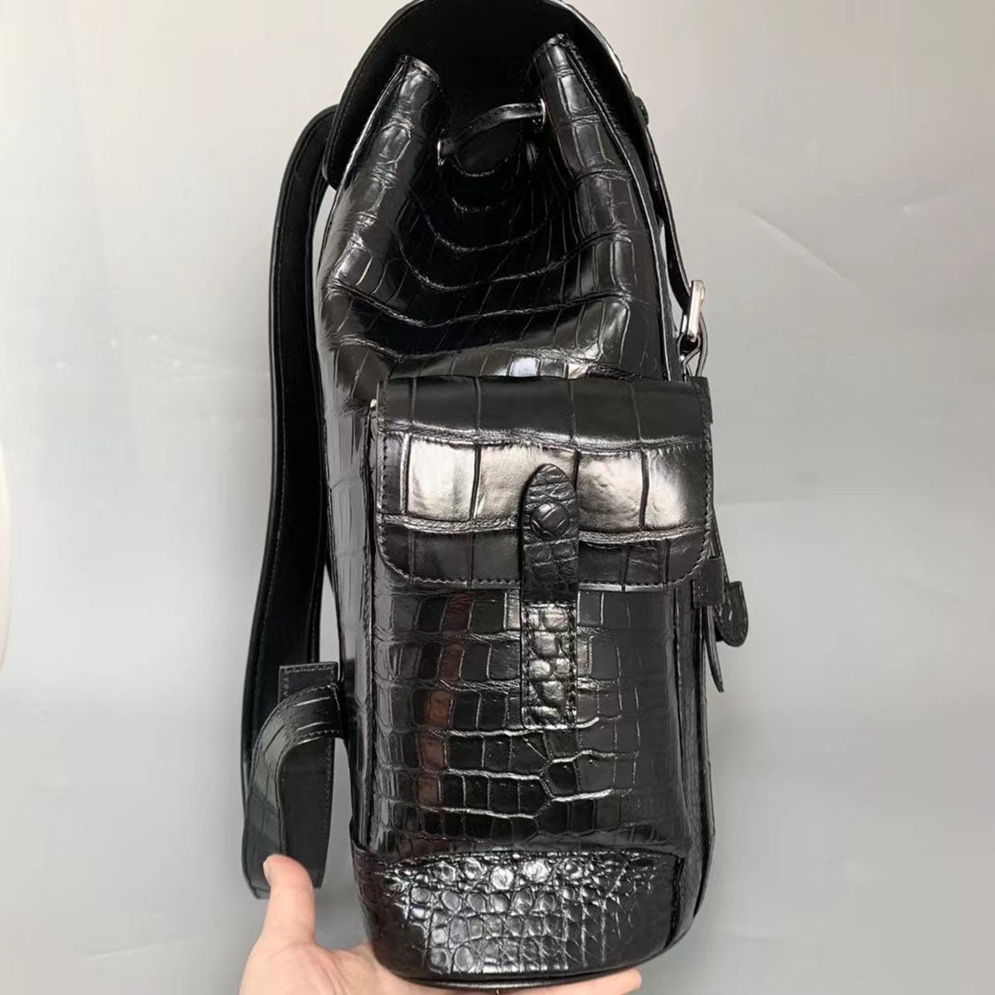 Handcrafted Crocodile Alligator Belly Leather Backpack Shoulder Bag Travel Bag Black